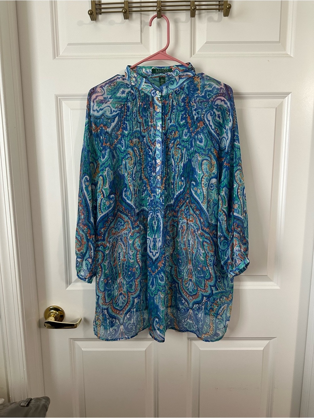 Lauren Ralph Lauren Plus Size Blue Paisley Sheer Button Blouse Size 1X
